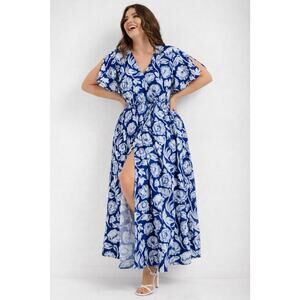 Bloomchic Floral Maxi Dress Size 16 Blue White Front Slit Wide Sleeve V Neckline